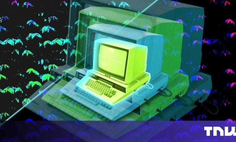 Retro computers stacked, glowing green, against a background of vibrant, stylized leaves.