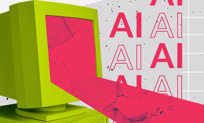 Abstract collage of a lime green computer monitor with a pink AI stream, set against a gridded background.