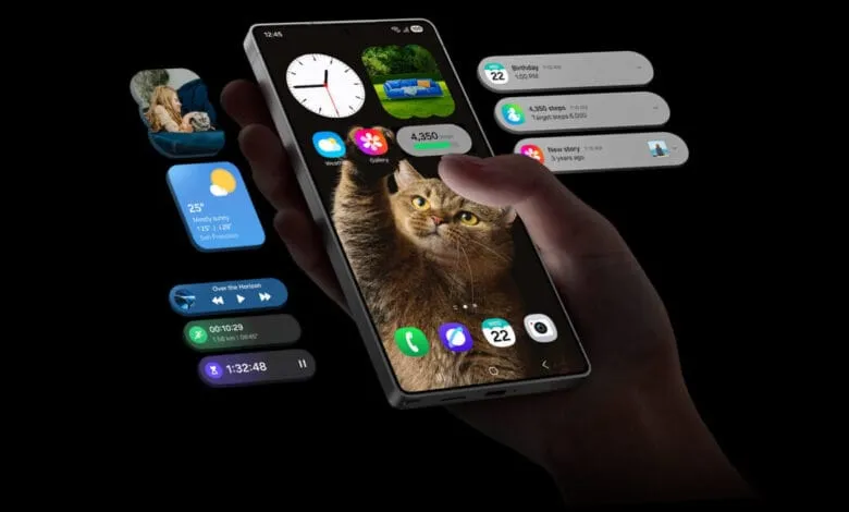 Close-up of a hand holding a smartphone displaying a cat wallpaper and various widgets.