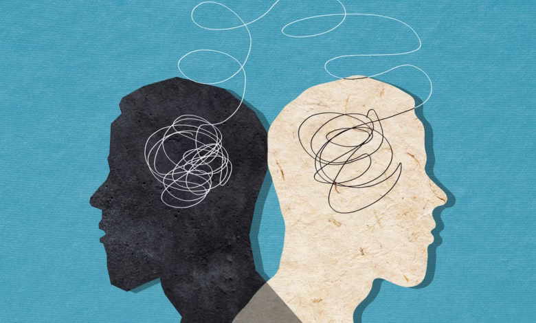 Abstract illustration of two heads in profile, one dark, one light, each with tangled lines representing thoughts.