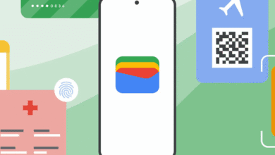 Smartphone displaying Google Wallet app icon, surrounded by digital representations of cards, medical records, and boarding passes.