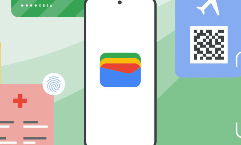 Smartphone displaying Google Wallet app icon, surrounded by digital representations of cards, medical records, and boarding passes.