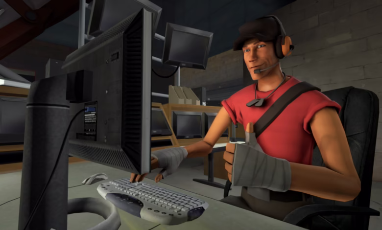 A cartoon character, the Soldier from Team Fortress 2, sits at a computer, giving a thumbs-up.