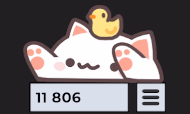Cute cartoon cat with a chick on its head, number 11806, and a menu icon.
