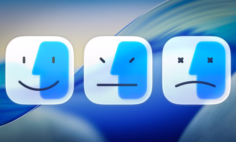 Three macOS Finder icons showing different facial expressions: happy, neutral, and sad.