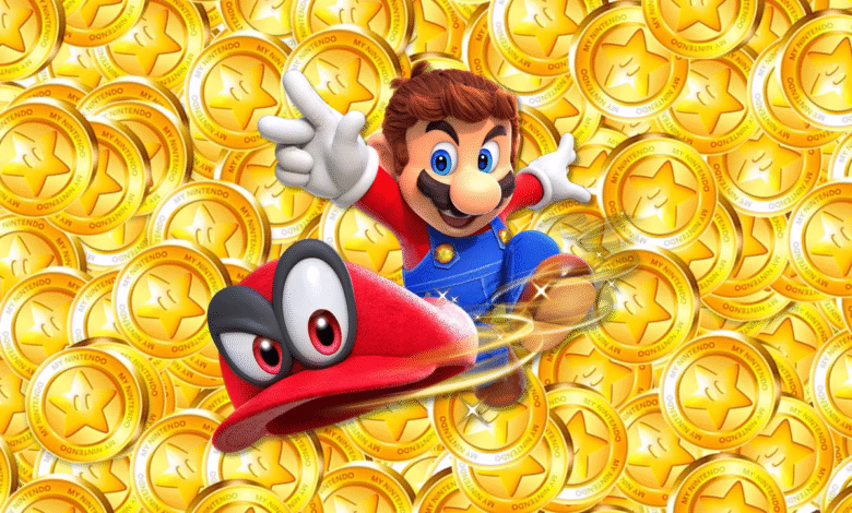 Mario, from the Super Mario franchise, joyfully leaps amidst a pile of My Nintendo gold coins, with Bowser's cap prominently displayed.