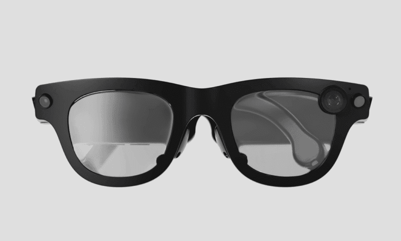 Sleek black smart glasses with a small camera lens on the side.