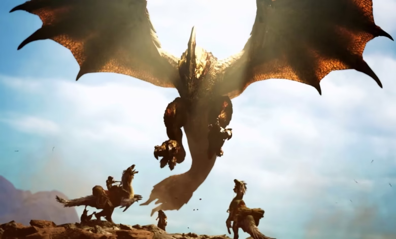 A massive golden dragon descends from the sky, its shadow falling on several figures below who appear to be riding creatures.