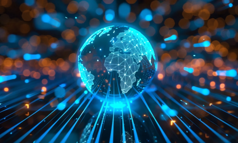 A glowing digital globe connected by blue lines of light against a bokeh background of orange and blue.
