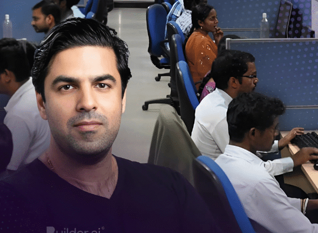 A man's portrait superimposed on a busy office setting with employees working at computers.