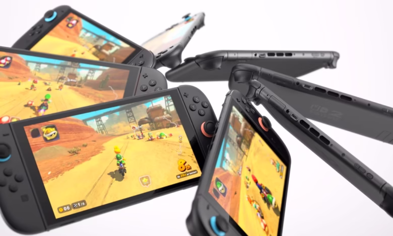 Multiple Nintendo Switch 2 consoles displayed in a dynamic arrangement, showcasing the device's design and a Mario Kart-like game.