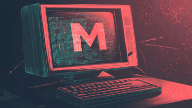Retro computer screen displays a large 'M' within lines of code, set against a dark, red-toned background with a digital dust effect.