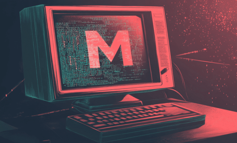 Retro computer screen displays a large 'M' within lines of code, set against a dark, red-toned background with a digital dust effect.