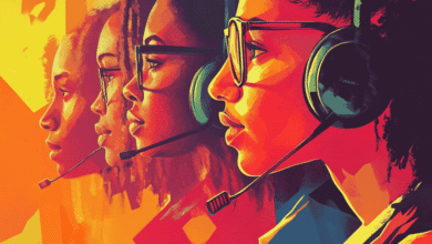 Stylized vector art of four diverse women wearing headsets, profiles facing right, warm color palette.