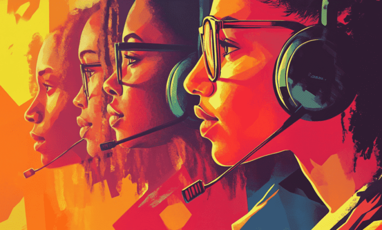 Stylized vector art of four diverse women wearing headsets, profiles facing right, warm color palette.