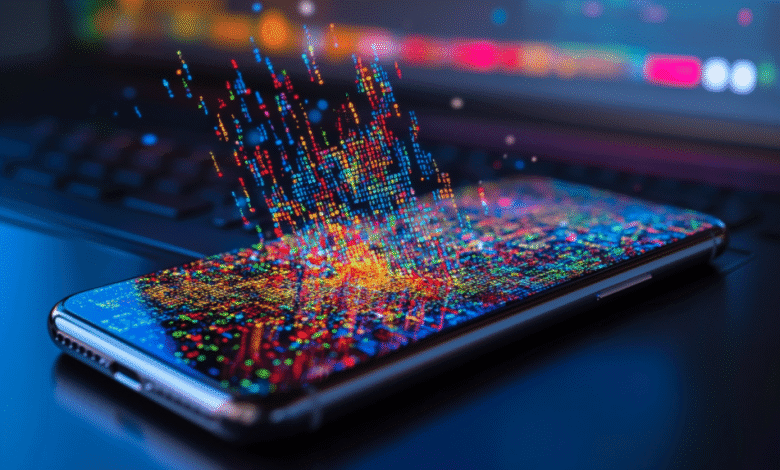 Smartphone screen displays vibrant, colorful code cascading from above, suggesting digital data flow and modern technology.