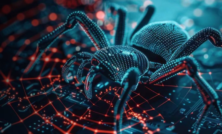 Cybersecurity threat: A digital spider crawls a circuit board, representing malware or hacking.