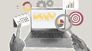 Laptop screen displays data charts; hands interact with calendar & magnifying glass; other charts & target icons surround it.