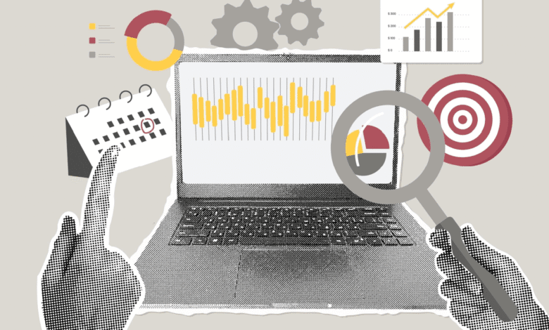 Laptop screen displays data charts; hands interact with calendar & magnifying glass; other charts & target icons surround it.