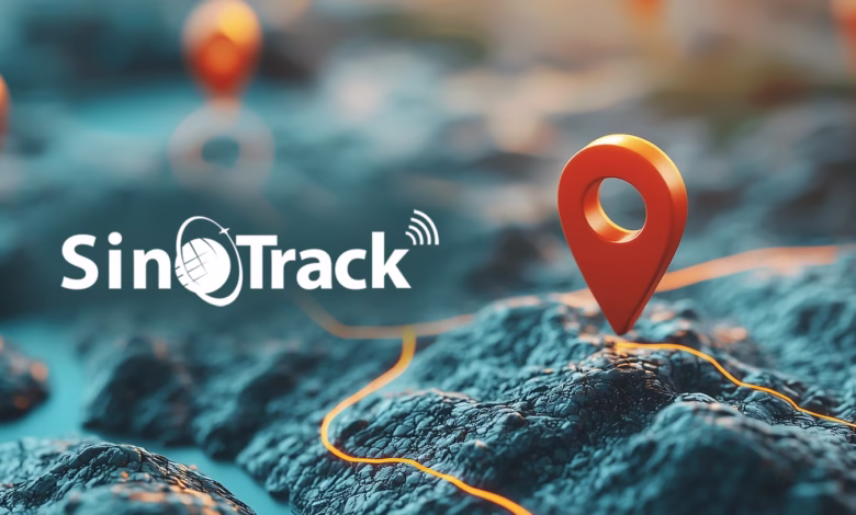 SinoTrack logo with a 3D map featuring a prominent orange location pin and glowing path, illustrating global tracking.