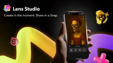 A hand holds a phone showcasing Snap's Lens Studio app, using AR to overlay a skull onto a Renaissance portrait. Vibrant, colorful abstract shapes surround the phone.