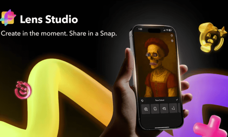 A hand holds a phone showcasing Snap's Lens Studio app, using AR to overlay a skull onto a Renaissance portrait. Vibrant, colorful abstract shapes surround the phone.