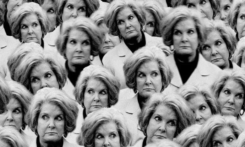 Hypnotic collage of black and white portraits of Susie Wiles, a political strategist.
