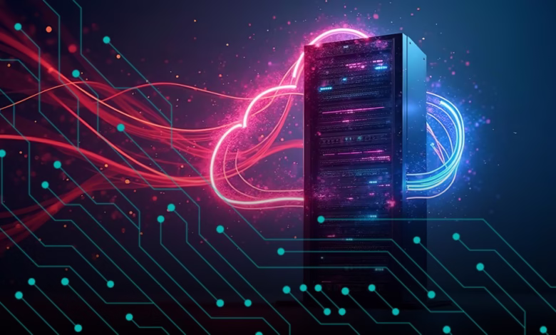 Abstract image of a server rack with neon cloud outlines and circuit board patterns, representing cloud computing and AI.