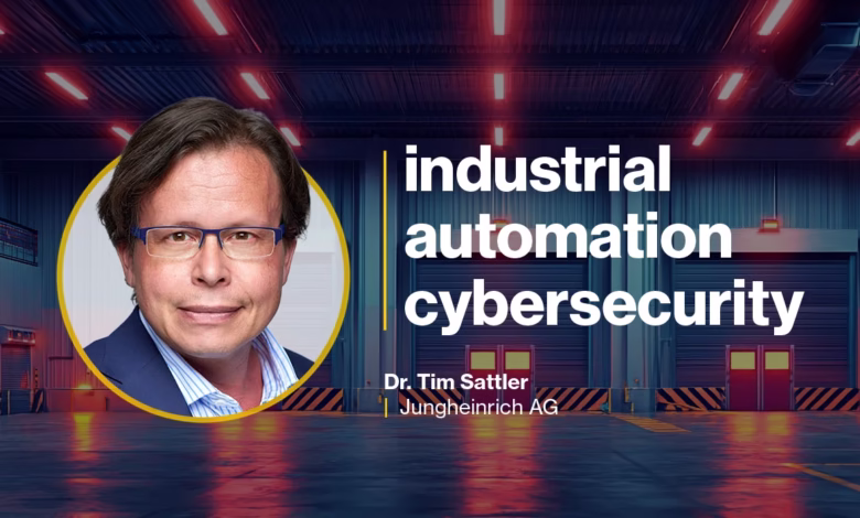 Dr. Tim Sattler of Jungheinrich AG discusses industrial automation cybersecurity in a warehouse setting.