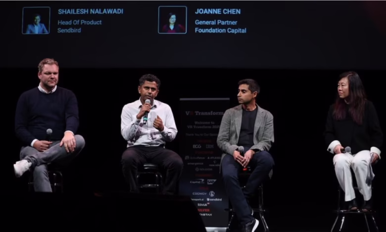 Panel discussion featuring Shailesh Nalawadi (Sendbird), Joanne Chen (Foundation Capital), and two other speakers.