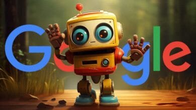Friendly retro robot waves hello in a forest setting with the Google logo.