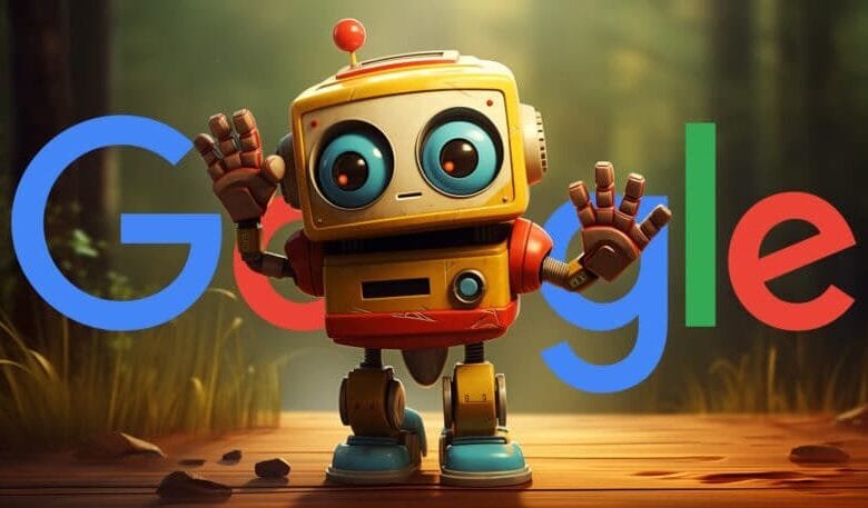 Friendly retro robot waves hello in a forest setting with the Google logo.