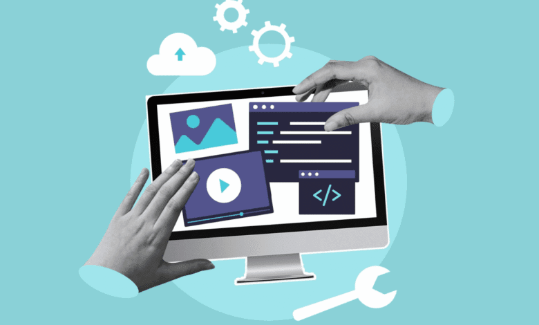Hands interact with a computer screen displaying website elements like images, videos, and code, symbolizing web design and development.