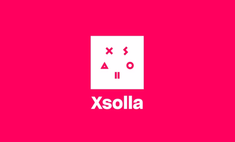 Xsolla logo: white square on pink background with geometric symbols and 'Xsolla' in white text below.