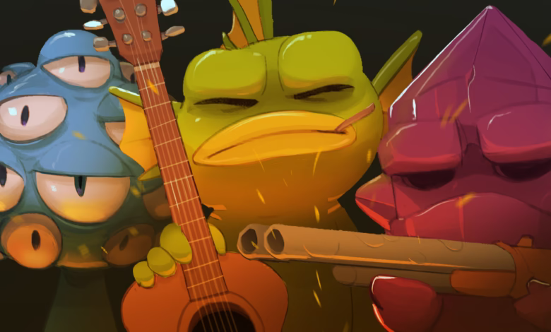 Three whimsical creatures: a multi-eyed blue one, a green fish-like one playing guitar, and a purple crystal one holding a shotgun.