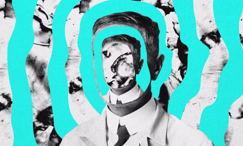 Abstract collage of a man's face overlaid with swirling teal lines and textured black and white imagery.