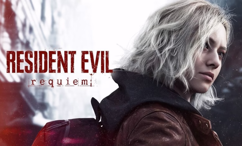 Resident Evil Requiem key art featuring a woman with short, gray hair, wearing a brown leather jacket, looking off to the side.