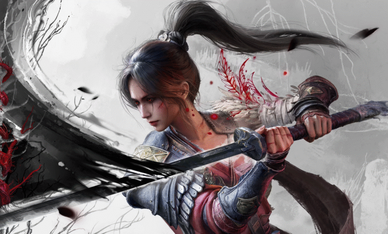 A female warrior, wielding a katana, stands amidst a dramatic, ink-wash style backdrop. Blood stains her attire, adding to the intense mood.