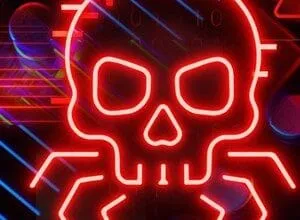 Red neon skull with spider legs against a dark, tech-inspired background.