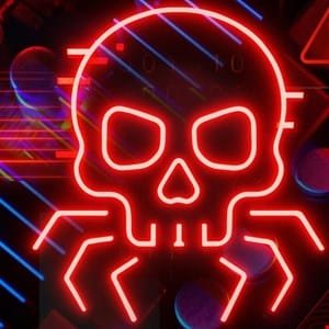Red neon skull with spider legs against a dark, tech-inspired background.