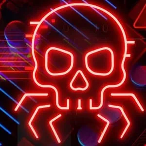 Red neon skull with spider legs against a dark, tech-inspired background.