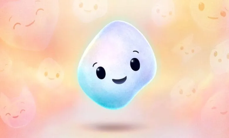 A cheerful, light-blue blob-like character smiles amidst a background of smaller, similarly happy blobs in pastel colors.
