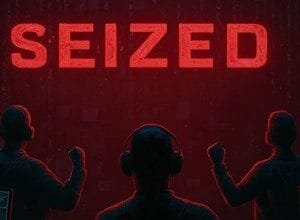 Three figures in silhouette celebrate in front of a red 'SEIZED' sign against a digital backdrop.