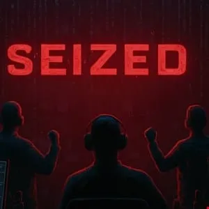 Three figures in silhouette celebrate in front of a red 'SEIZED' sign against a digital backdrop.