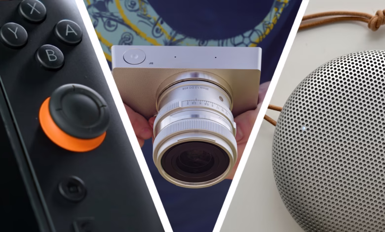 Close-ups of a video game controller, a camera lens, and a portable speaker, arranged in a triangular composition.