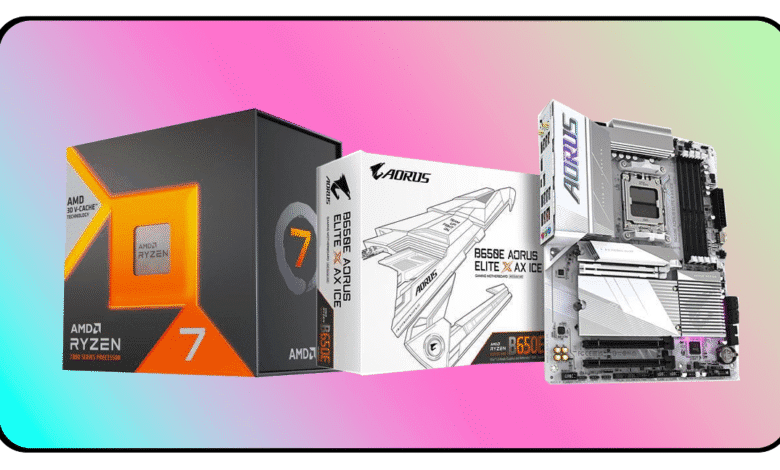 AMD Ryzen 7 7000 series processor, Gigabyte B650E Aorus Elite AX motherboard, and packaging shown.