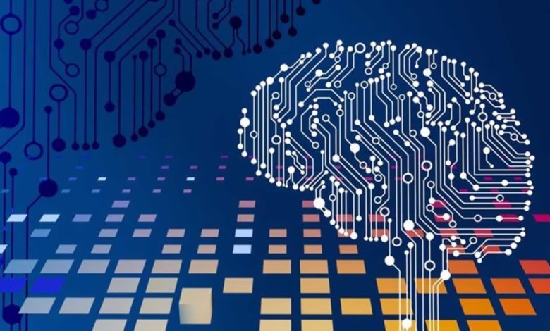 Abstract brain-shaped circuit board design on a colorful digital background, representing AI or neural networks.