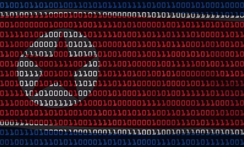 North Korea's flag overlaid with binary code, symbolizing cyberattacks.