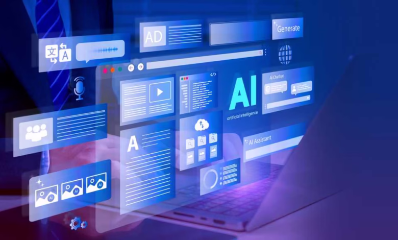 Person using laptop with AI interface showing translation, content creation, and chatbot features.