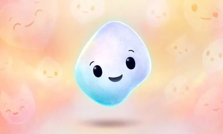 A happy, light-blue blob-like character floats in a warm-toned background surrounded by smaller, smiling blobs.